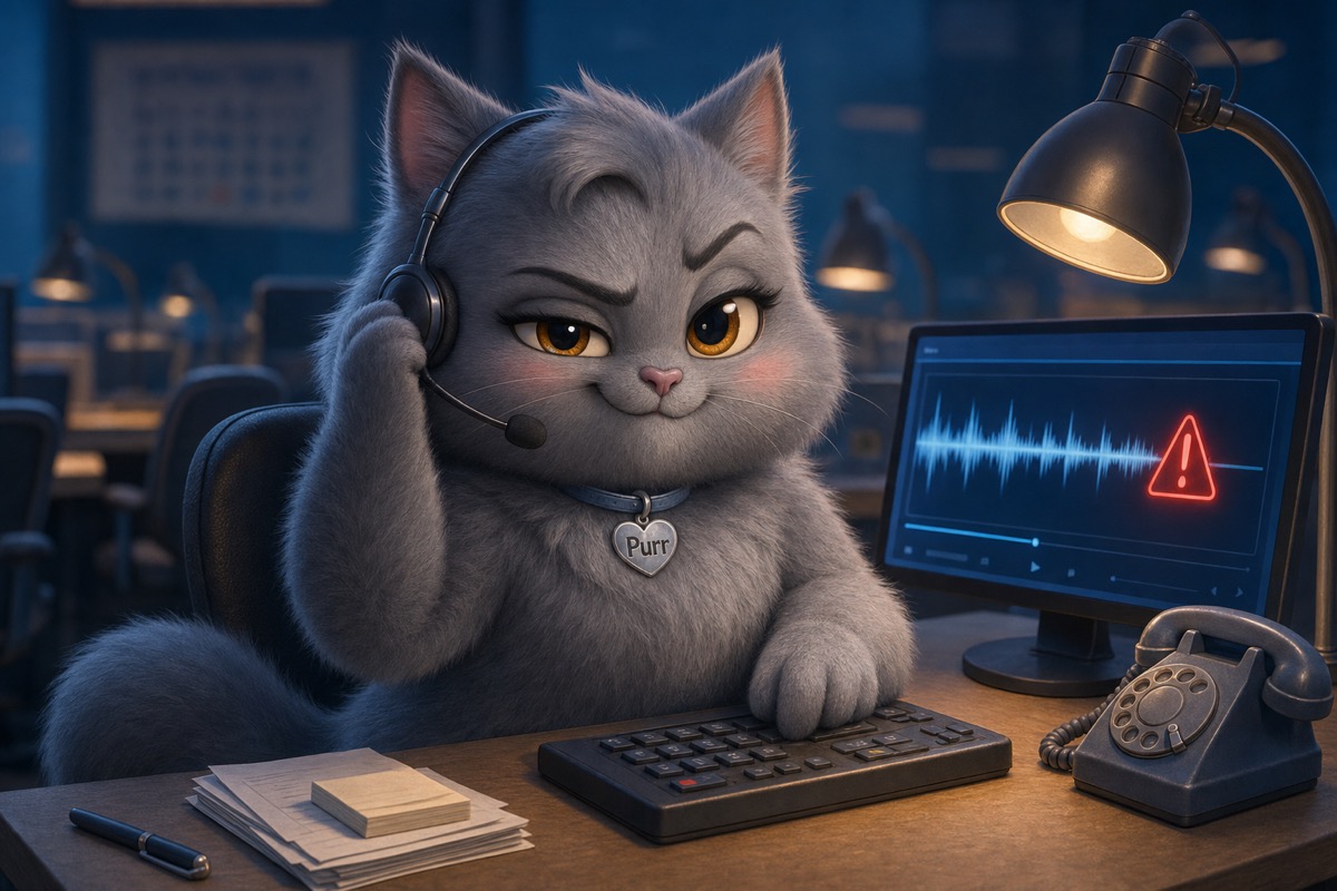 Purr wearing a headset, catching a dishonest operator through a call recording