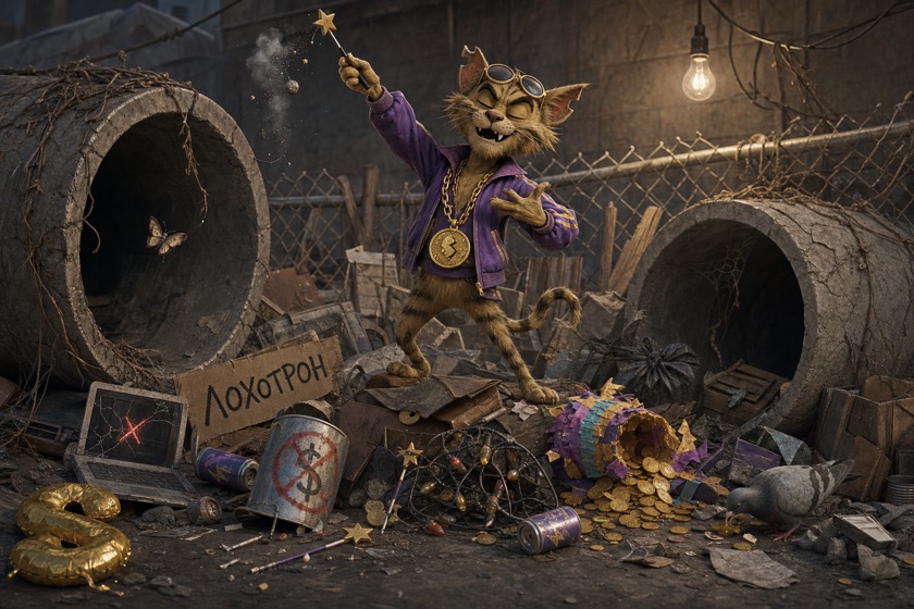A scruffy cat in a flashy tracksuit and gold chain waves a cheap magic wand between two empty pipes, wobbling on a crate — no traffic, no offers, just dust and a moth