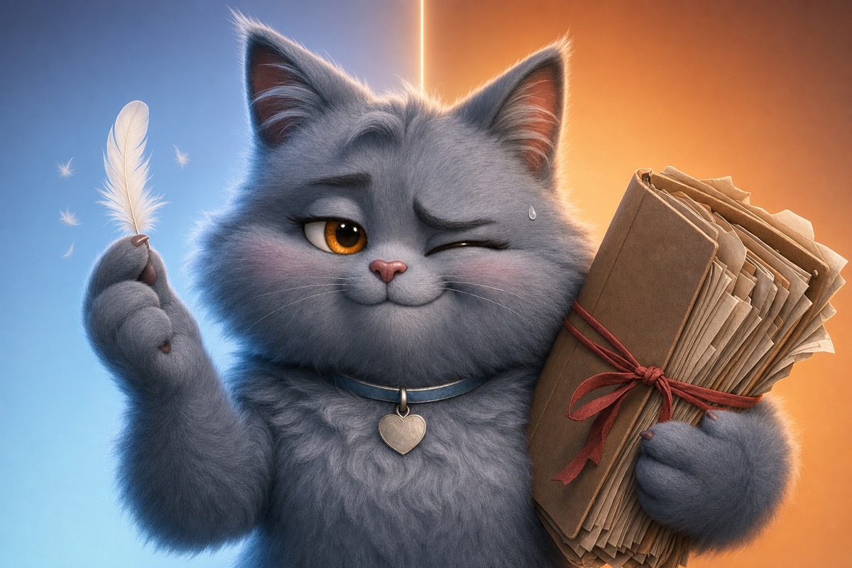 Purr effortlessly holds up a feather in one paw while straining to hold a bulging dossier folder in the other