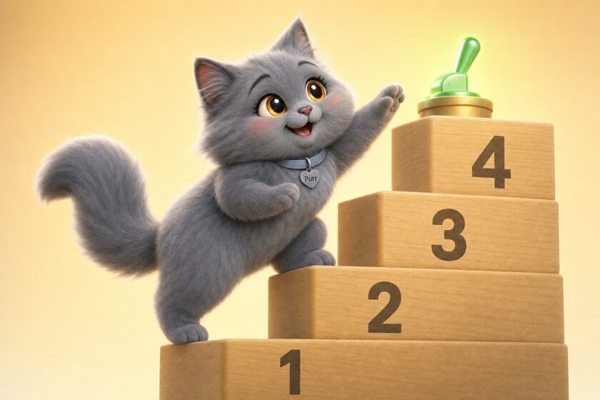 Purr climbing numbered steps toward a glowing green switch