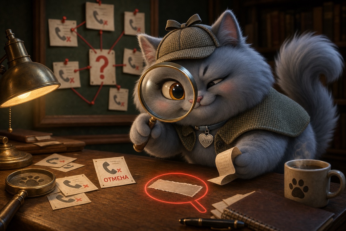 Purr playing detective, examining a suspicious lead through a magnifying glass