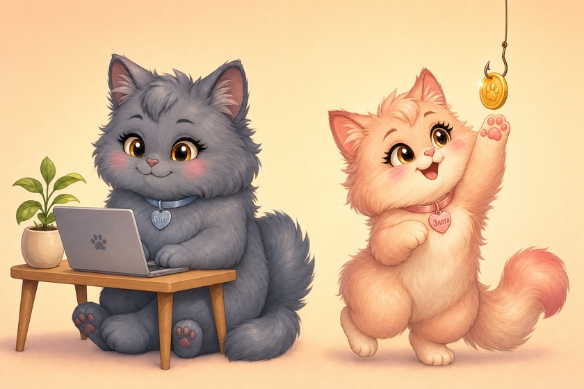 Purr calmly working on a laptop next to a growing plant while Zlata reaches for a shiny coin dangling from a fishhook — content marketing versus a referral program