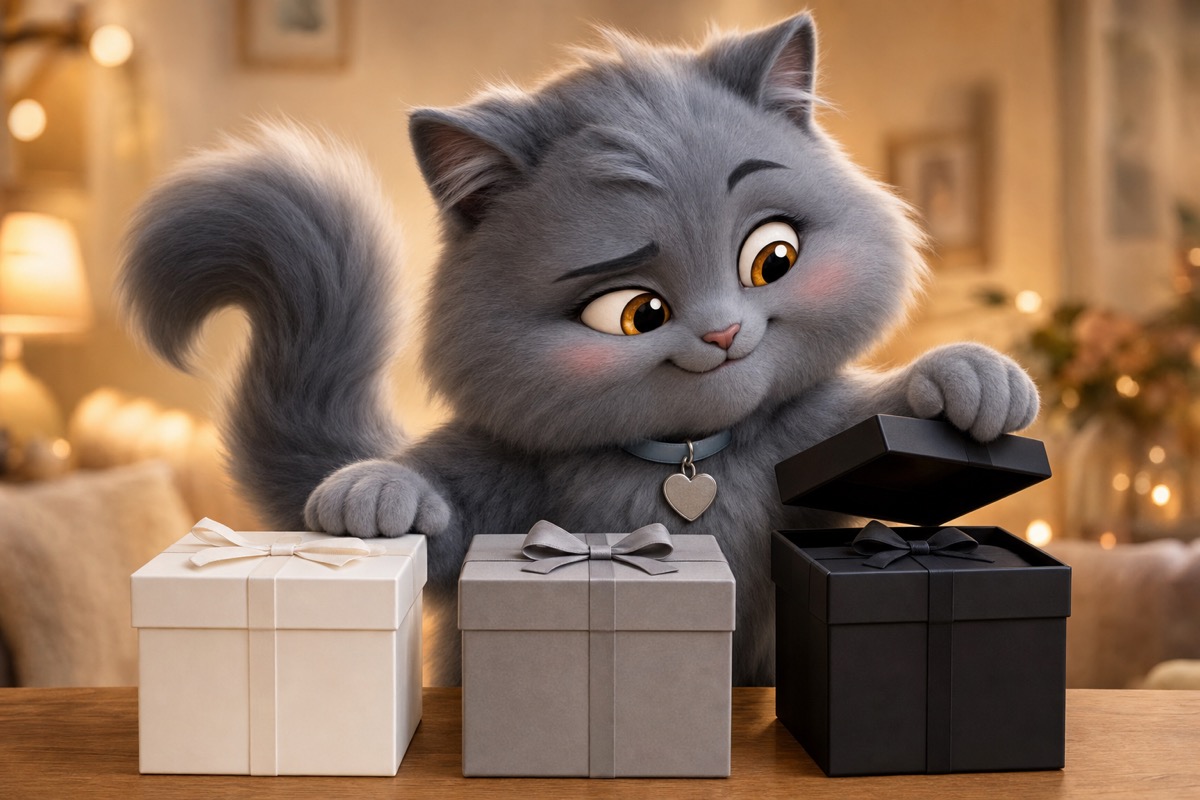 Purr curiously peeking into a black gift box next to a white and a grey one — a metaphor for offer colors