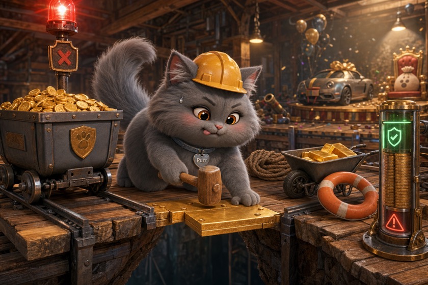 Purr in a hard hat hammers gold plates into a gap in a bridge beside a cart of coins, turning her back on a prize sports car and balloons